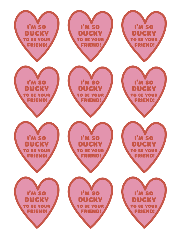 12 pink + red heart-shaped tags that say I'm so ducky to be your friend for rubber duck valentines for babies + infants at daycare or preschool