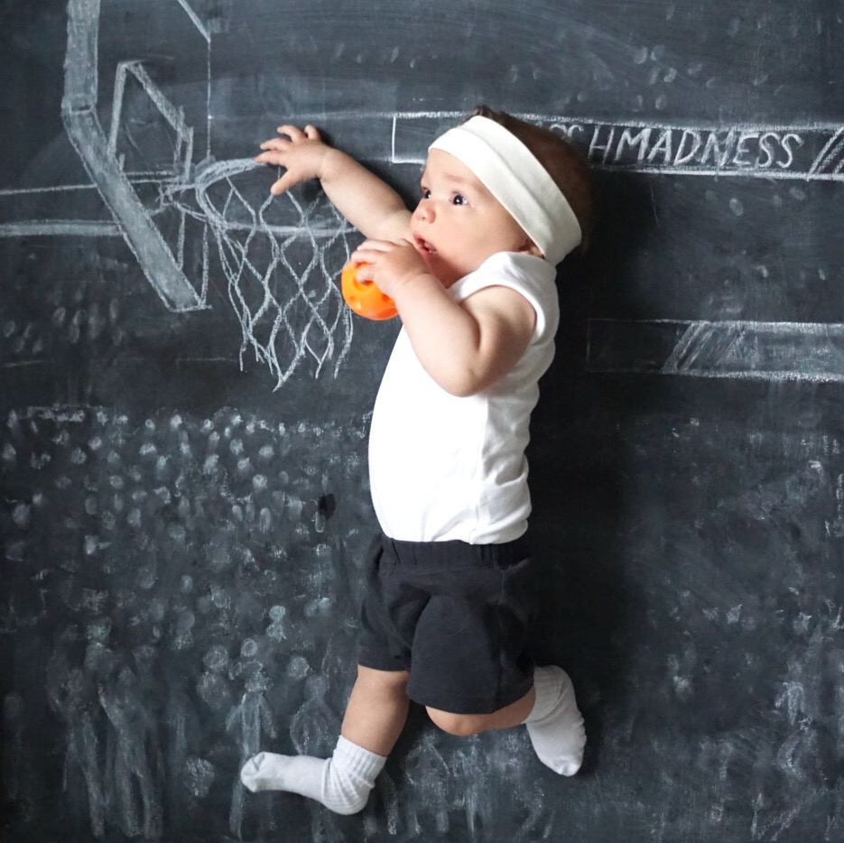 Chalkboard Art. Newborn Photography. Creative Monthly Milestone Photo. Chalk Art. Basketball. Baby Slam Dunking a Basketball. 