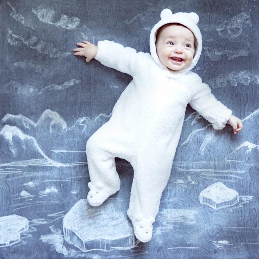 Chalkboard Art. Newborn Photography. Creative Monthly Milestone Photo. Chalk Art. Polar Bear. Global Warming.