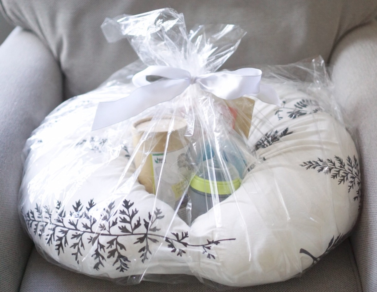 Breastfeeding gift basket made out of a boppy pillow