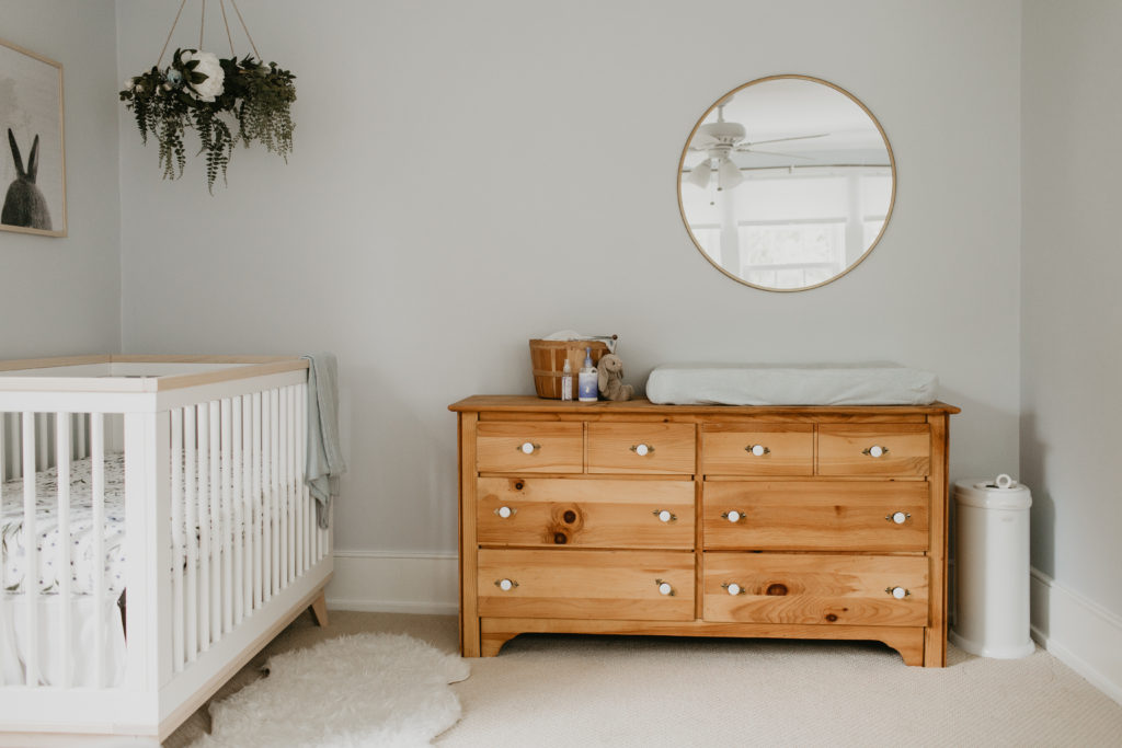 Vintage Garden Nursery Room for Baby Girl with Floral, Greenery, Bunny Rabbits, blue, periwinkle, Beatrix Potter, Soft, Feminine, Farmhouse