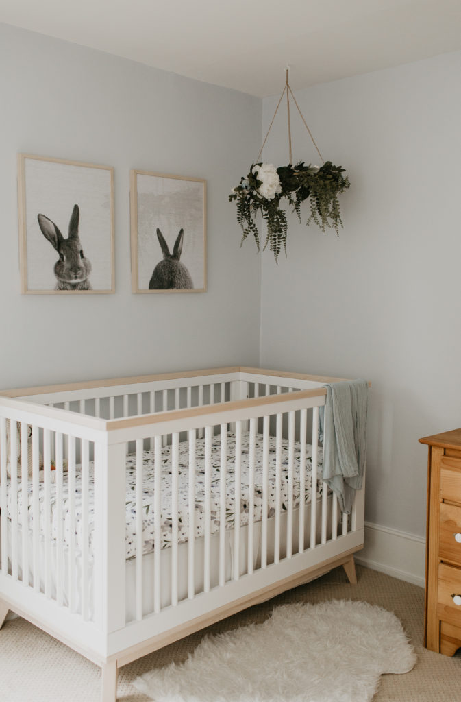 Vintage Garden Nursery Room for Baby Girl with Floral, Greenery, Bunny Rabbits, blue, periwinkle, Beatrix Potter, Soft, Feminine, Farmhouse