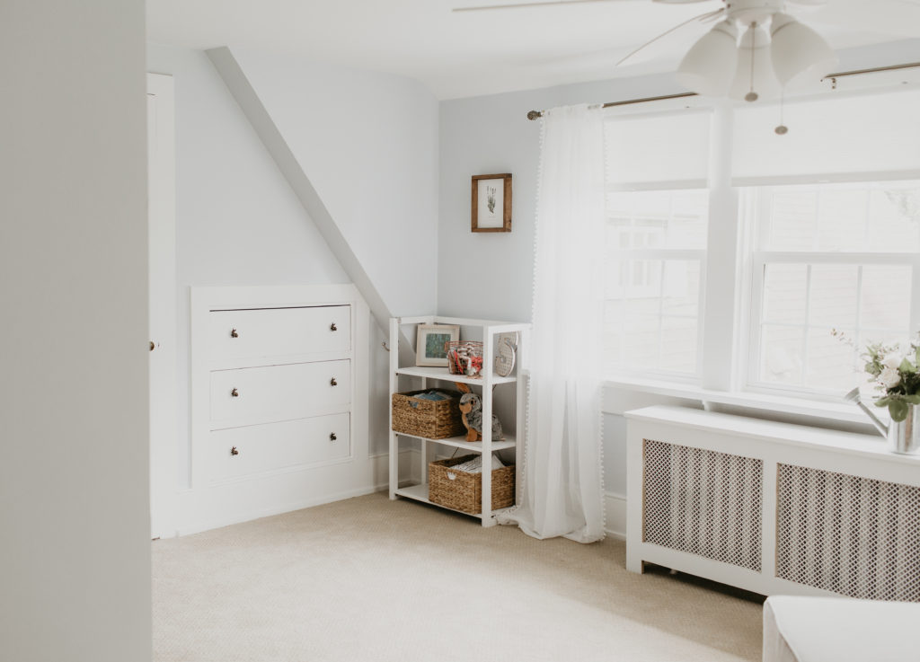 mevesnewborn-13 Vintage Garden Nursery Room for Baby Girl with Floral, Greenery, Bunny Rabbits, blue, periwinkle, Beatrix Potter, Soft, Feminine, Farmhouse