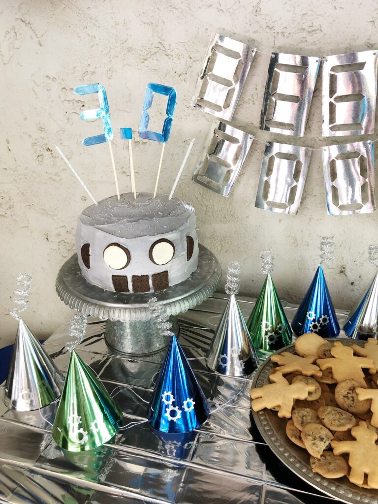 Robot birthday cake hats banner decorations