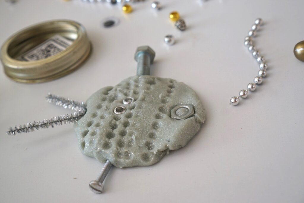 Robot playdough kit face Build-A-Robot playdough kit jar, silver metallic play dough and metalllic loose parts reggio emilia inspired invitation to create, robot party favor preschool kids activity