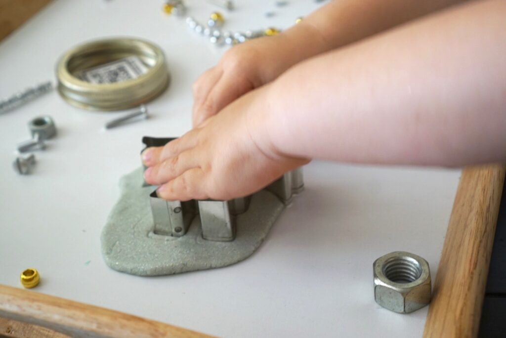 Robot playdough kit cookie cutter Build-A-Robot playdough kit jar, silver metallic play dough and metalllic loose parts reggio emilia inspired invitation to create, robot party favor preschool kids activity
