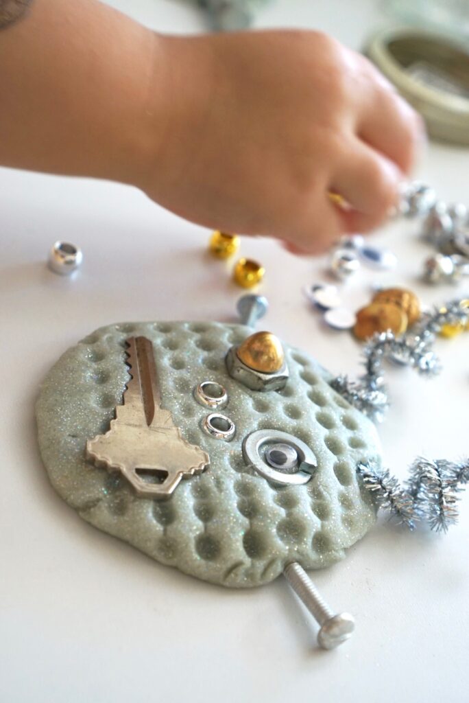 Robot playdough kit face3 Build-A-Robot playdough kit jar, silver metallic play dough and metalllic loose parts reggio emilia inspired invitation to create, robot party favor preschool kids activity