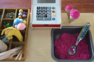 IKEA kitchen ice cream shop hack 13 IKEA duktig mini-kitchen ice cream shop, cafe striped awning, lemonade stand, bodega, farmer's market, food stand hack makeover tutorial DIY, chalkboard paint, dramatic play pretend