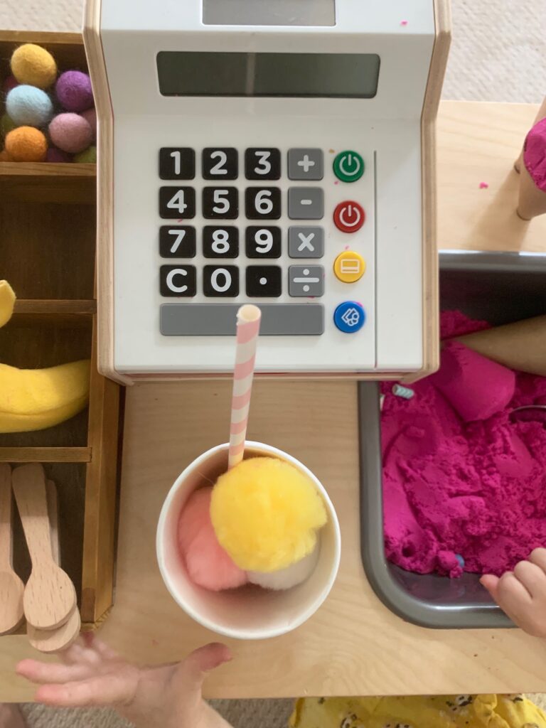 IKEA kitchen ice cream shop hack IKEA duktig mini-kitchen ice cream shop, cafe striped awning, lemonade stand, bodega, farmer's market, food stand hack makeover tutorial DIY, chalkboard paint, dramatic play pretend