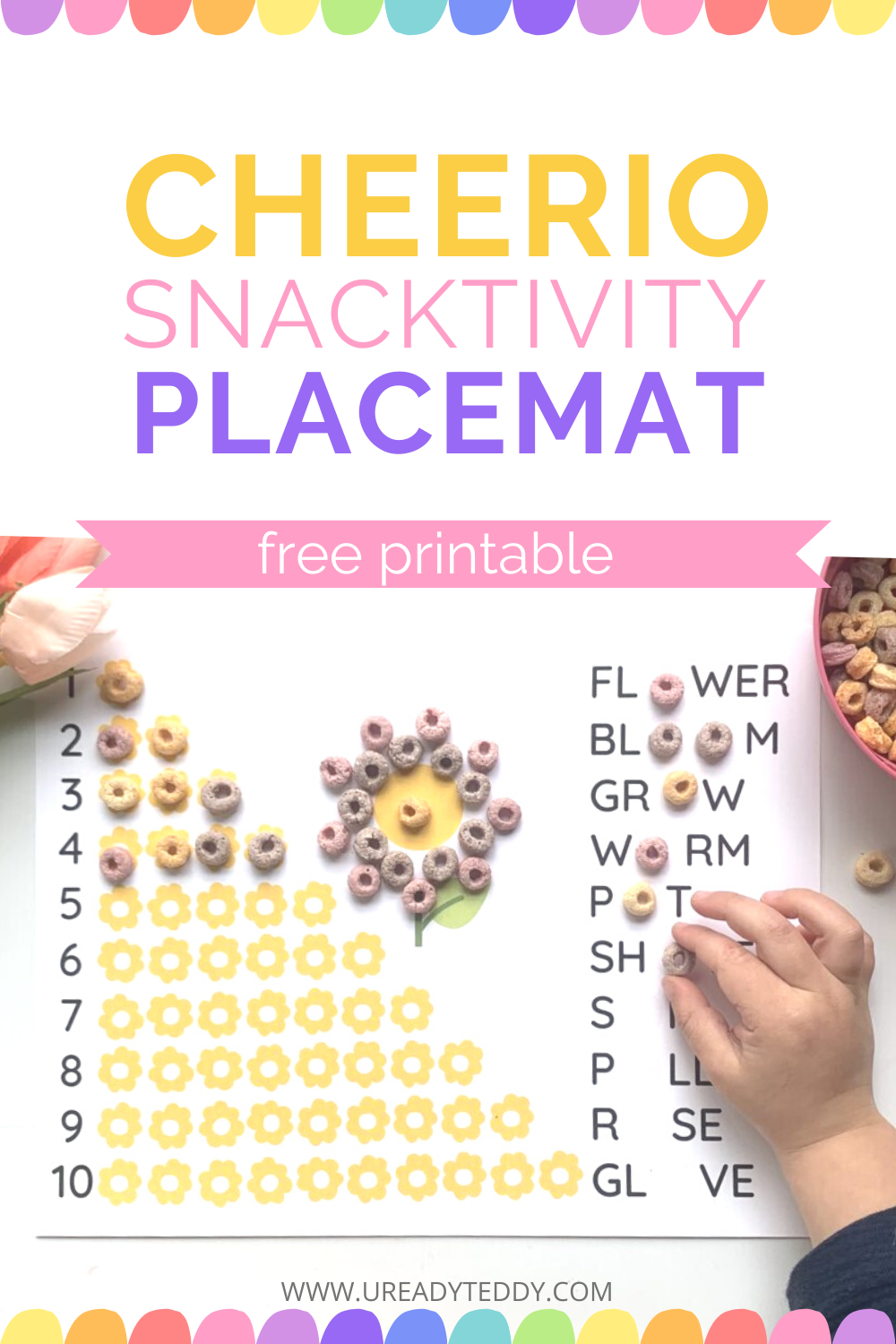 Cheerio placemat cereal free printable worksheet counting, flower garden sight words art, snacktivty, craftivity