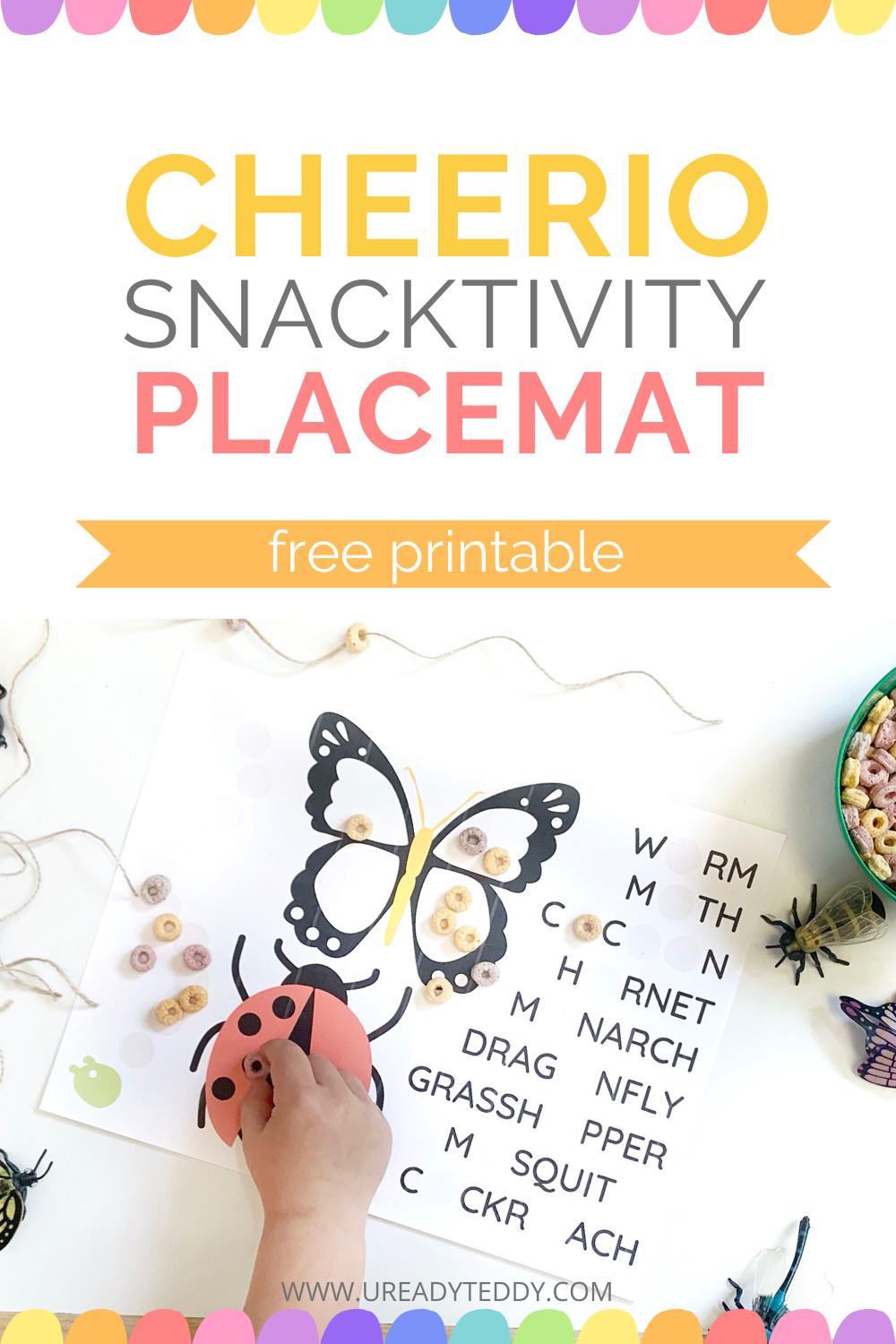 Insect + Bug Educational Placemat Activity for Cheerios Butterfly, Caterpillar, Lady Bug, Cereal Snacktivity Free Printable