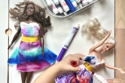 Barbie Doll dresses made from coffee filters and cotton rounds diy craft process art watercolor washable crayons and water spray bottle tap design fashion new creative ways to play with dolls
