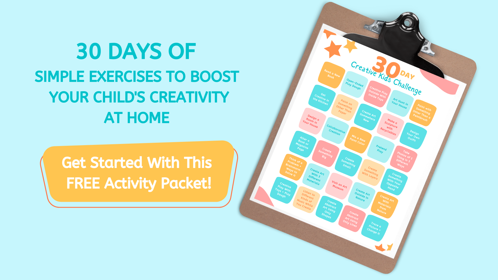 30 Days of Simple Exercises and Activities to Boost Your Child's Creativity at Home Free Printable on a Clipboard