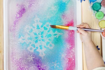 Magic Ice Stencils Painting Salt Paper Snowflake Preschool STEM activity for Winter Education Consultant