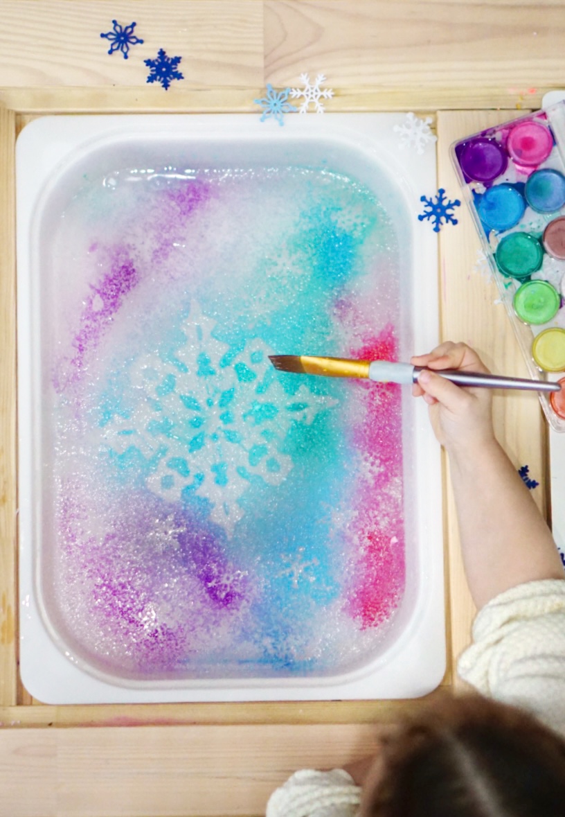Magic Ice Stencils Painting Salt Paper Snowflake Preschool STEM activity for Winter Education Consultant