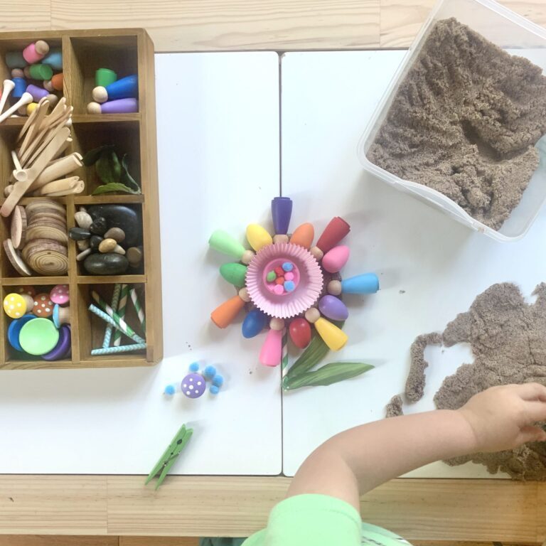 Flower Tinker Tray, Wooden Loose Parts, Kinetic Sand, Play dough Kit, Reggio Emilia invitation to create