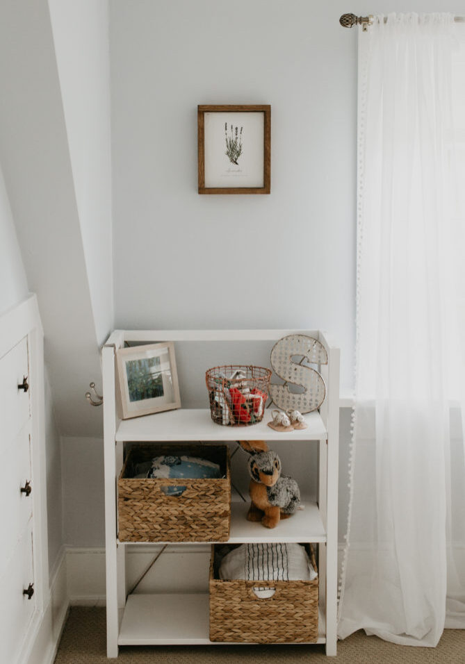 Vintage Garden Nursery Room for Baby Girl with Floral, Greenery, Bunny Rabbits, blue, periwinkle, Beatrix Potter, Soft, Feminine, Farmhouse